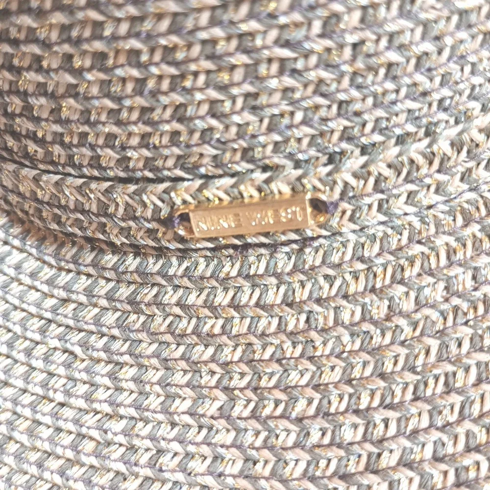 Nine West Wide Brim Sun Hat Bronze Gold Metallic Woven Straw Floppy Summer
